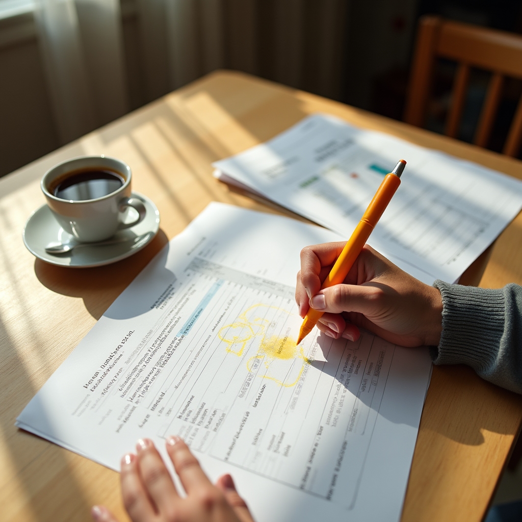 Übersicht monatlicher Ausgaben auf einem Tisch mit Kaffeetasse