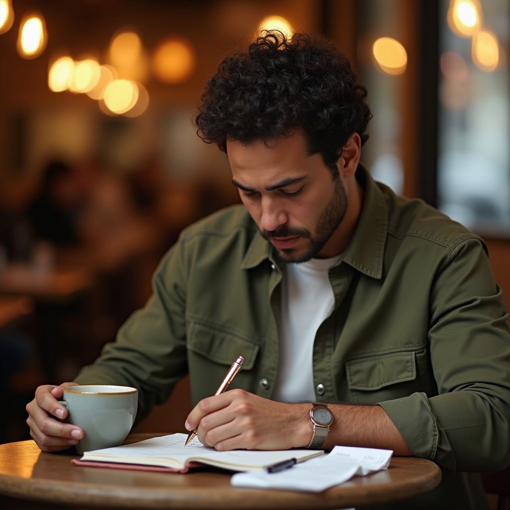 Person mit Kaffee und Notizbuch bei der Durchsicht persönlicher Ausgaben